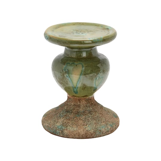 Hello Honey® Distressed Green 2-Tone Sculptural Terracotta Pillar Candle Holder